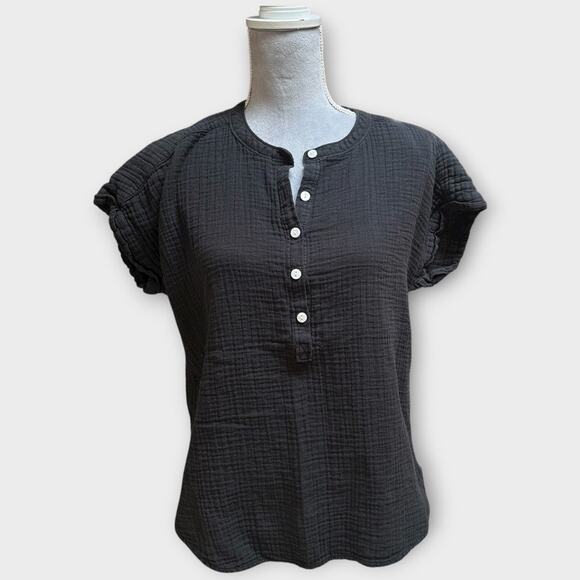 QUINCE Women’s Black Gauze Button Front Short Sleeve Top Size S - Picture 1 of 6